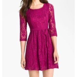 Kensie 3/4 Sleeve Scoop Neck Berry Lace Dress